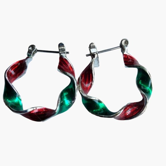 Red Green Enamel Hoop Earrings Emerald Vintage Holiday Christmas Jewelry - Picture 3 of 4